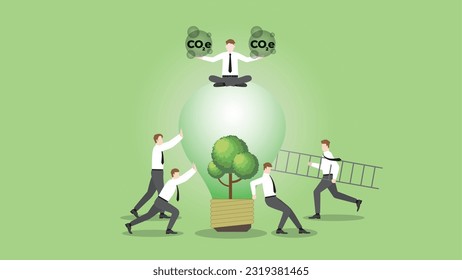 A businessman sits and holds CO2e gas on a tree lightbulb with team support. Carbon emission, ESG idea, Environmental policy, Green energy, Eco-friendly, Sustainability and nature concern concept.