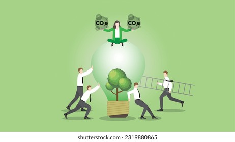 A businessman sits and holds CO2e gas on a tree lightbulb with team support. Carbon emission, ESG idea, Environmental policy, Green energy, Eco-friendly, Sustainability and nature concern concept.