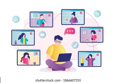 Businessman sits with laptop and communicates with colleagues. Business people on online conference. Online virtual meeting. Concept of work from home, technology and video calling.Vector illustration