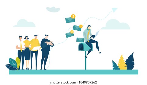 Businessman sits at mailbox and receiving the news, letters, documents. Data collection, communication, sharing information concept. 