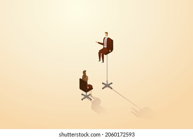 Empresario sentado en una silla de oficina por encima de una mujer de negocios normal sentada en una silla. Disparidad de género en el concepto de desigualdad en el trabajo. ilustración vectorial isométrica.