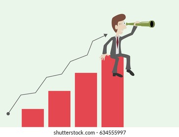 Businessman sits on a bar chart and looks through a spyglass. Business vision concepts. Vector illustration.