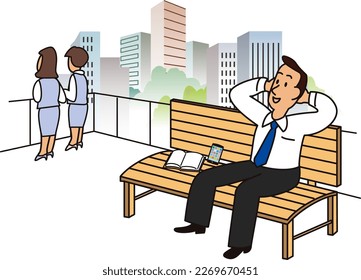 A businessman sits on a bench during a lunch break on the rooftop of an office in a building district.