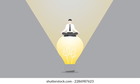 A businessman sits on a big light bulb. The business solution, problem-solving, work idea, creativity, creation, inspiration, imagination, thinking, meditation, comfort zone, and visionary concept.