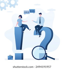 Businessman sits on big question mark. Male employee needs help. Support service woman gives answers, huge exclamation mark. Problem solving, brainstorming. FAQ, feedback concept. Vector illustration