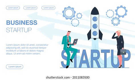 a businessman sits on a big startup sign and works on his laptop, a businesswoman stands next to him and watches a rocket launch flat vector illustration