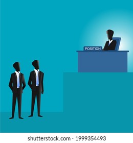 a businessman sits on the chair desk and the other two below