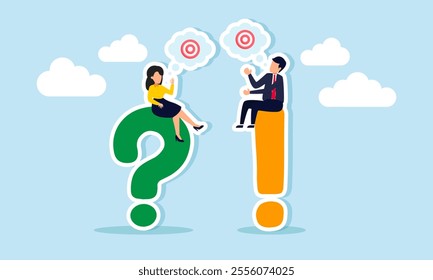 A businessman sits on an exclamation mark while a businesswoman sits on a question mark, talk with a target board labeled dialogue box, differing opinions to achieve business targets