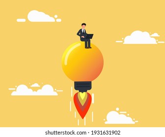 Businessman sits on flying rocket light bulb. Concept of creative idea