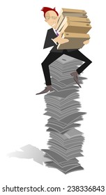 Businessman sits on the high pile of documents 
