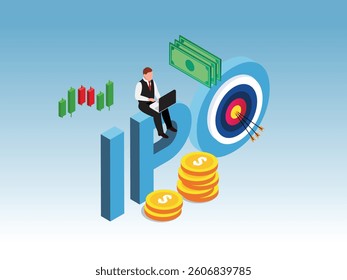 Businessman sits on the letter IPO while working on a laptop, with rising candlestick charts, stacks of coins with dollar signs, and dollar bills nearby