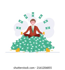 Businessman Sits On Pile Of Money. Heap Of Money, Bath With Dollars, Sack Of Banknotes Flat Vector Illustration. Wealth, Income, Profit Concept