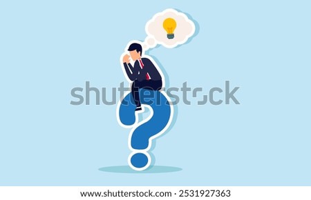A businessman sits on a question mark, confused while pondering a light bulb, illustration of the struggle to find practical ideas and innovations for his business