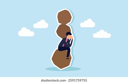 A businessman sits on a rock, bearing the weight of a stack of stones, illustration of heavy business and work burdens and overload