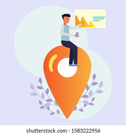 Businessman sits on the sideline doing planning, flowers and graphics. Success in doing business and experiencing economic growth. Vector flat illustration 