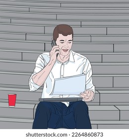 Businessman sits on the steps, talking on the phone and looking at a business report. Occupation and worker concept. Vector illustration design