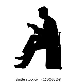 Businessman sits on suitcase silhouette vector