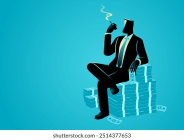 Empresário senta-se em uma pilha imponente de dinheiro enquanto fuma um charuto, simbolizando sucesso, riqueza e poder. Perfeito para ilustrar o sucesso financeiro, o domínio corporativo ou os estilos de vida luxuosos