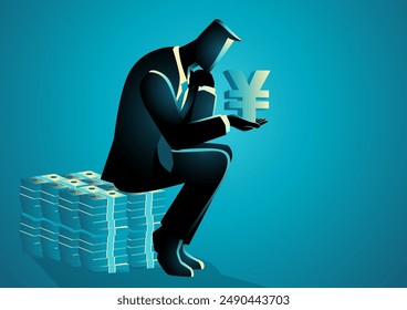 Businessman sits pensively on a pile of money, holding a yen symbol, symbolizing economic crisis and debt burden, highlights financial stress and monetary issues for financial and economic analysis