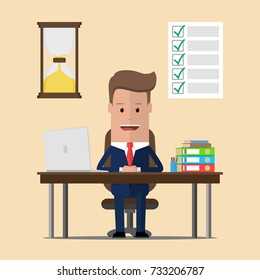 Businessman sits at the table after completing all the tasks before the expiration of the deadline. Vector illustration