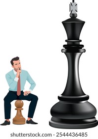 Businessman sits thoughtfully on a pawn, facing a giant king chess piece, symbolizing strategic thinking in leadership and business