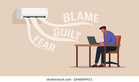 Businessman sits under air conditioner blowing invisible pressure made of fear, guilt, blame, concept negative office culture, toxic workplace atmosphere, emotional stress, vector flat illustration