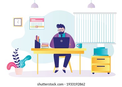 Businessman sits at workplace. Handsome man works.  Caucasian manager sitting at desktop and working on laptop. Employee works hard in corporation. Office room interior. Flat vector illustration