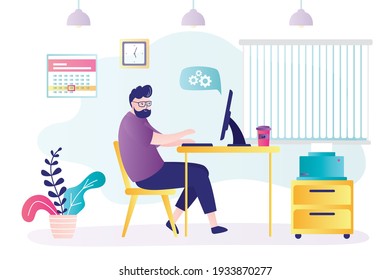 Businessman sits at workplace. Handsome man works. Caucasian manager sitting at desk and working on pc computer. Employee works hard. Office room interior with furniture. Flat vector illustration