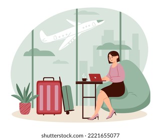 Businessman sitting airport. Woman with laptop works at airport. Tourism and travel, flights. Leisure and holidays in other countries. Poster or banner for website. Cartoon flat vector illustration