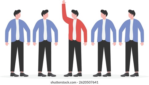 Businessman sitting among five people raising hand to answer a question or ask a question.

