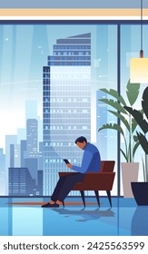 businessman sitting in armchair and using smartphone modern office interior with panoramic windows cityscape background vertical