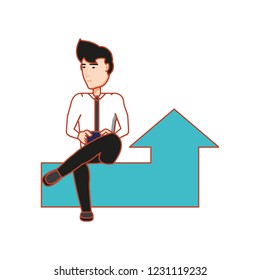 businessman sitting in arrow up with smartphone
