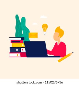 Businessman sitting behind a computer work. Flat style vector illustration.