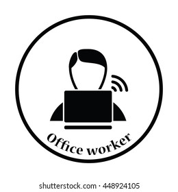 Businessman sitting behind a laptop icon. Thin circle design. Vector illustration.