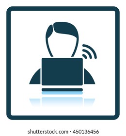 Businessman sitting behind a laptop icon. Shadow reflection design. Vector illustration.