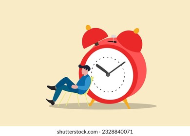 Businessman sitting beside alarm clock. concept of relax and refresh from long stress interval, free from bored, and time to take a break