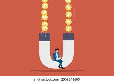 Businessman sitting in big magnet and attracting money. concept of Investment attraction and Financial Goals Achievement