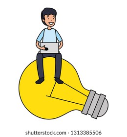 businessman sitting in bulb using laptop businessman sitting in bulb using laptop