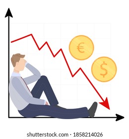 empresario sentado junto al gráfico con flechas, un icono de las monedas en dólares y la moneda en euros cayendo. Concepto de devaluación, crisis financiera, crisis del mercado de valores, quiebra, caída de la economía. 