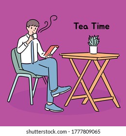 A businessman is sitting in a cafe and drinking coffee. hand drawn style vector design illustrations. 