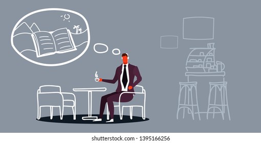 businessman sitting at cafe table listening audio book through headphones drinking coffee modern cafeteria interior male cartoon character full length sketch doodle horizontal