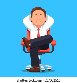 Businessman sitting calmly on a casters chair legs crossed and hands behind head. Business boss man resting in a calm pose. Flat style vector illustration isolated on white background.