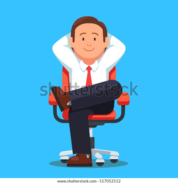 キャスターの椅子の脚に静かに座っている実業家が 頭の後ろで手を組む 落ち着いた姿勢で休んでいる実業家 白い背景に平らなスタイルのベクターイラスト のベクター画像素材 ロイヤリティフリー