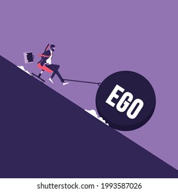 Businessman sitting in a chair and a heavy load of ego, pulling him into the abyss. Conceptual scene of selfishness