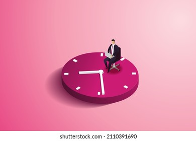 Businessman sitting in a chair on a large clock Working under pressure, limited time. isometric vector illustration.