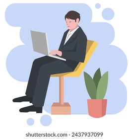 Un hombre de negocios está sentado en una silla mientras trabaja. Adecuado para temas de negocios. Llevar traje, antecedentes, oficina. Ilustración vectorial plana.