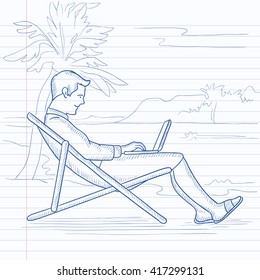 Businessman sitting in chaise lounge with laptop.