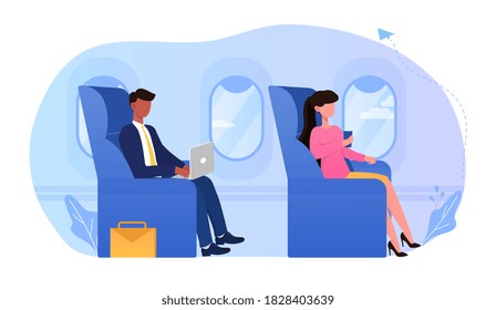 Businessman sitting in comfortable airplane seat and working on laptop on his lap, woman drinking beverage. Passengers in plane, Airline transportation service concept. Flat vector illustration