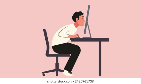 Businessman Sitting at Computer Desk in Busy Office, Focused on Work, Office Syndrome Concept, Flat Vector Illustration Design