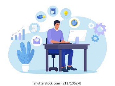 Businessman sitting at computer in office and doing many tasks at the same time. Freelance worker. Multitasking skills, effective time management and productivity concept. Vector illustration